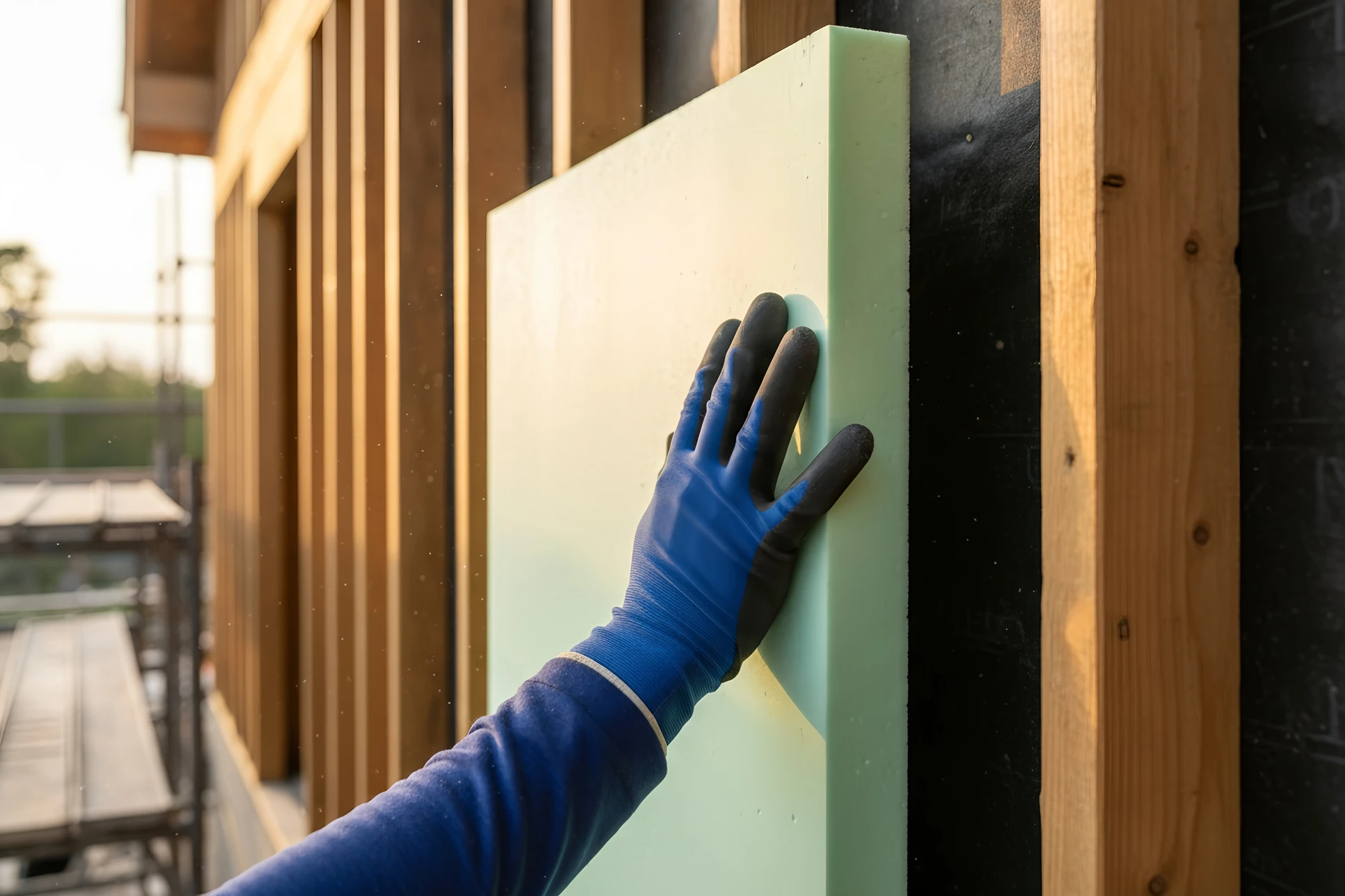 Chantier de rénovation extérieure d'une habitation avec travaux d'isolation thermique par l'extérieur en cours