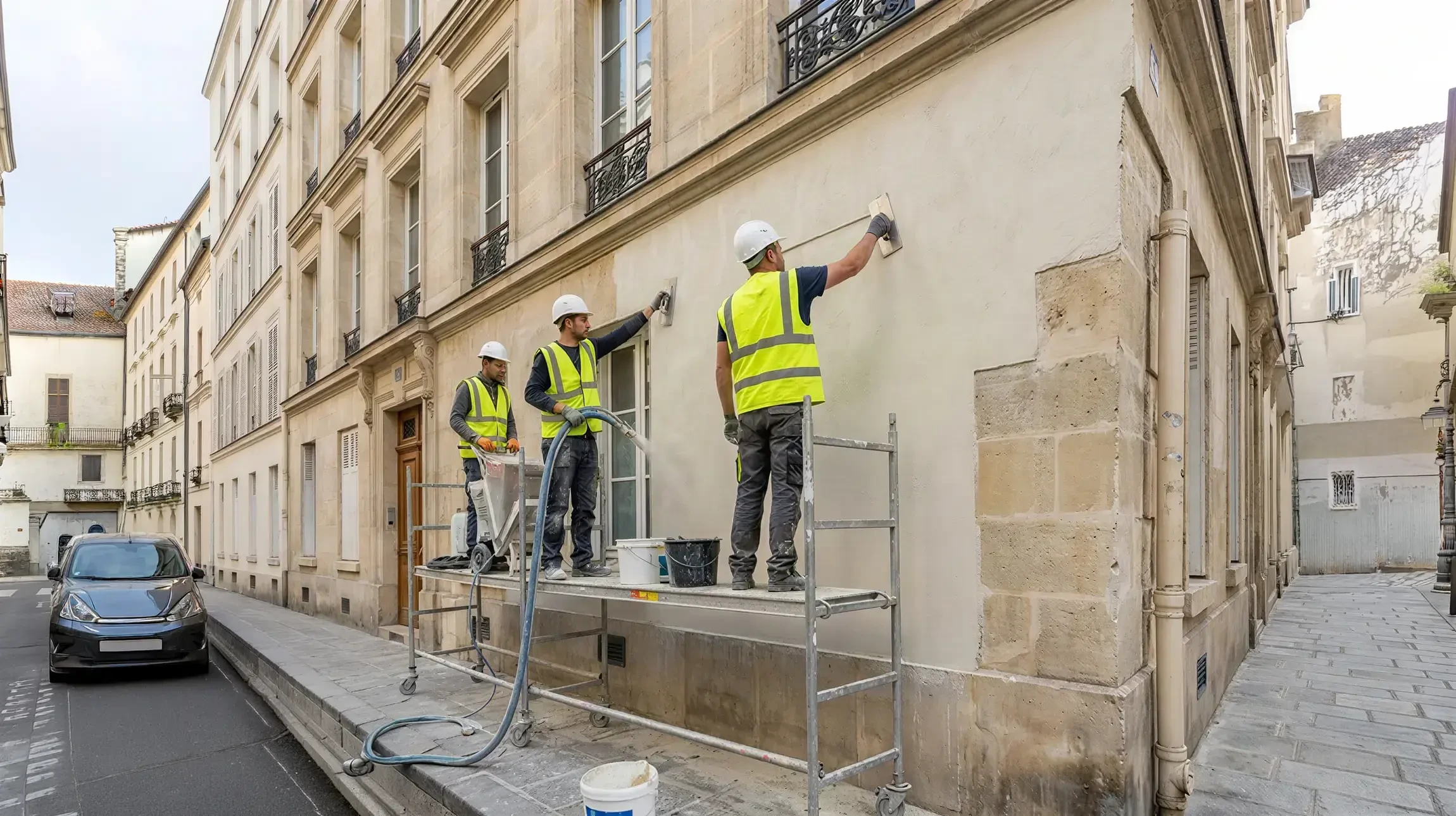 Échafaudage métallique tubulaire installé sur façade d'immeuble résidentiel pour travaux de rénovation