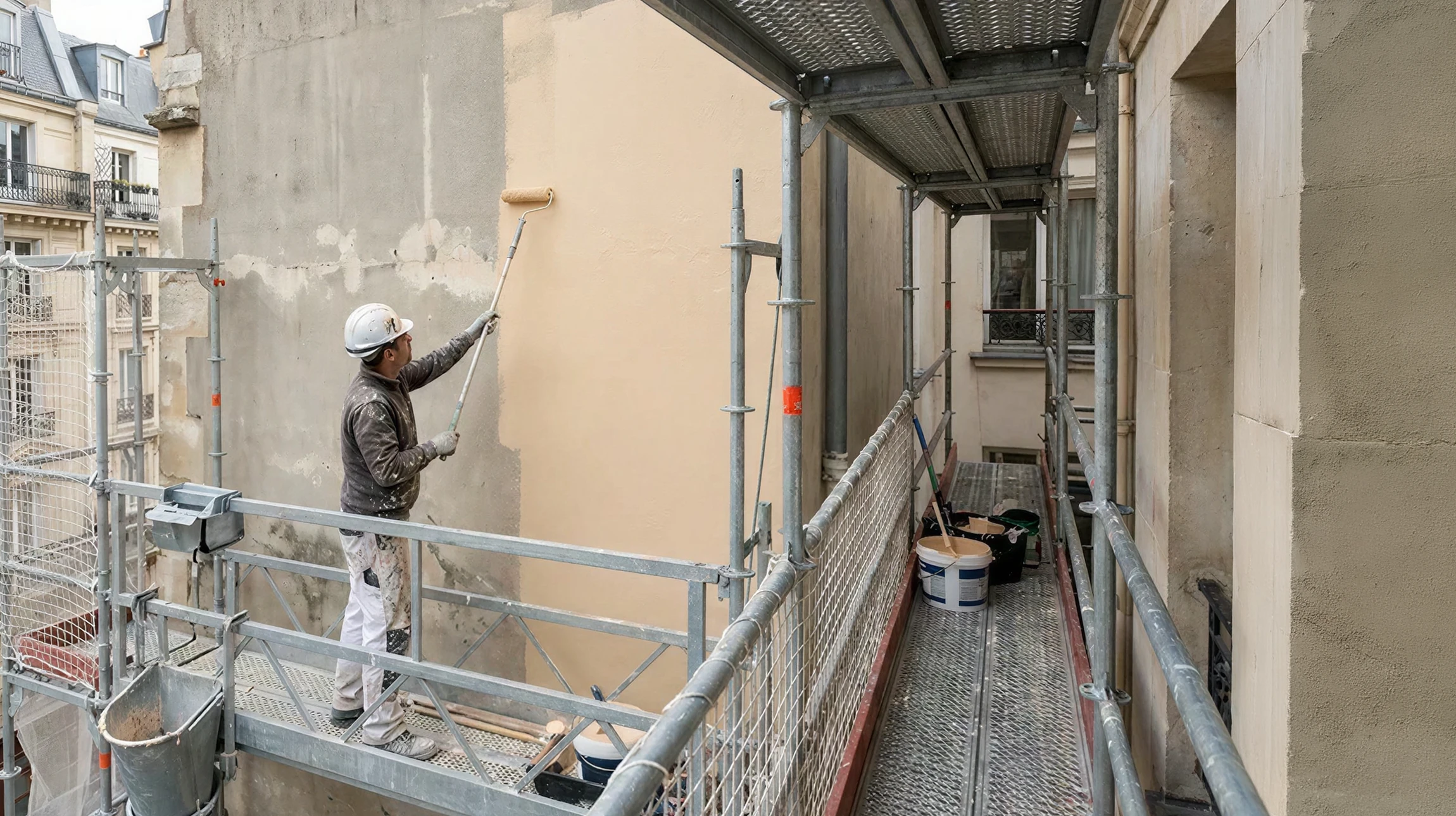Scène extérieure de traitement du bois : homme utilisant un pistolet à peinture électrique sur structure en planches de bois naturel